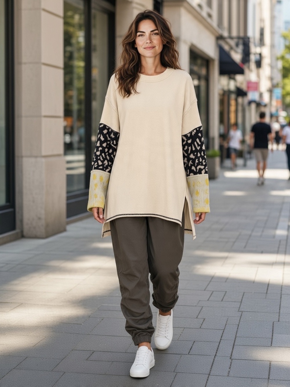 2 PC Free People Cream & Black Patterned Sleeve Sweater/Soft Ruched leg pants
